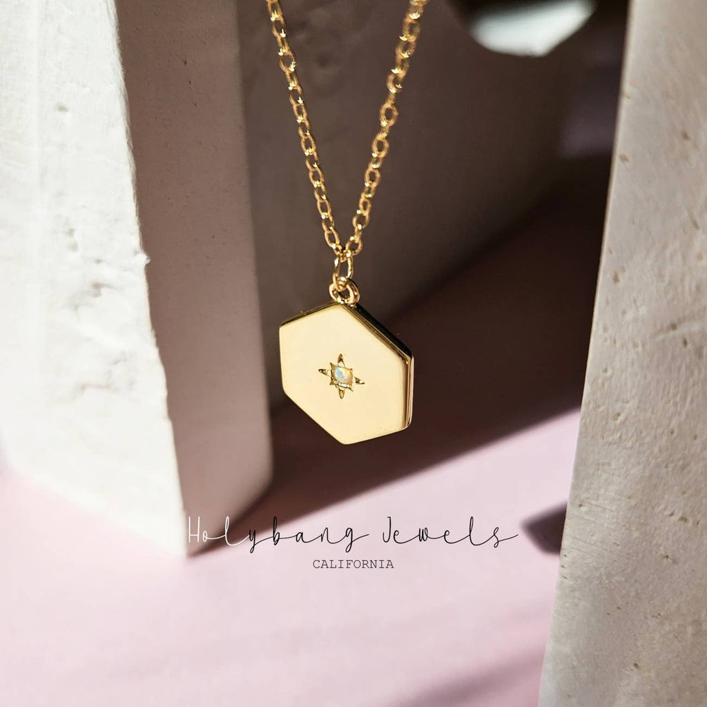 Hexagon Opal Pendant Necklace - Gold, 16"