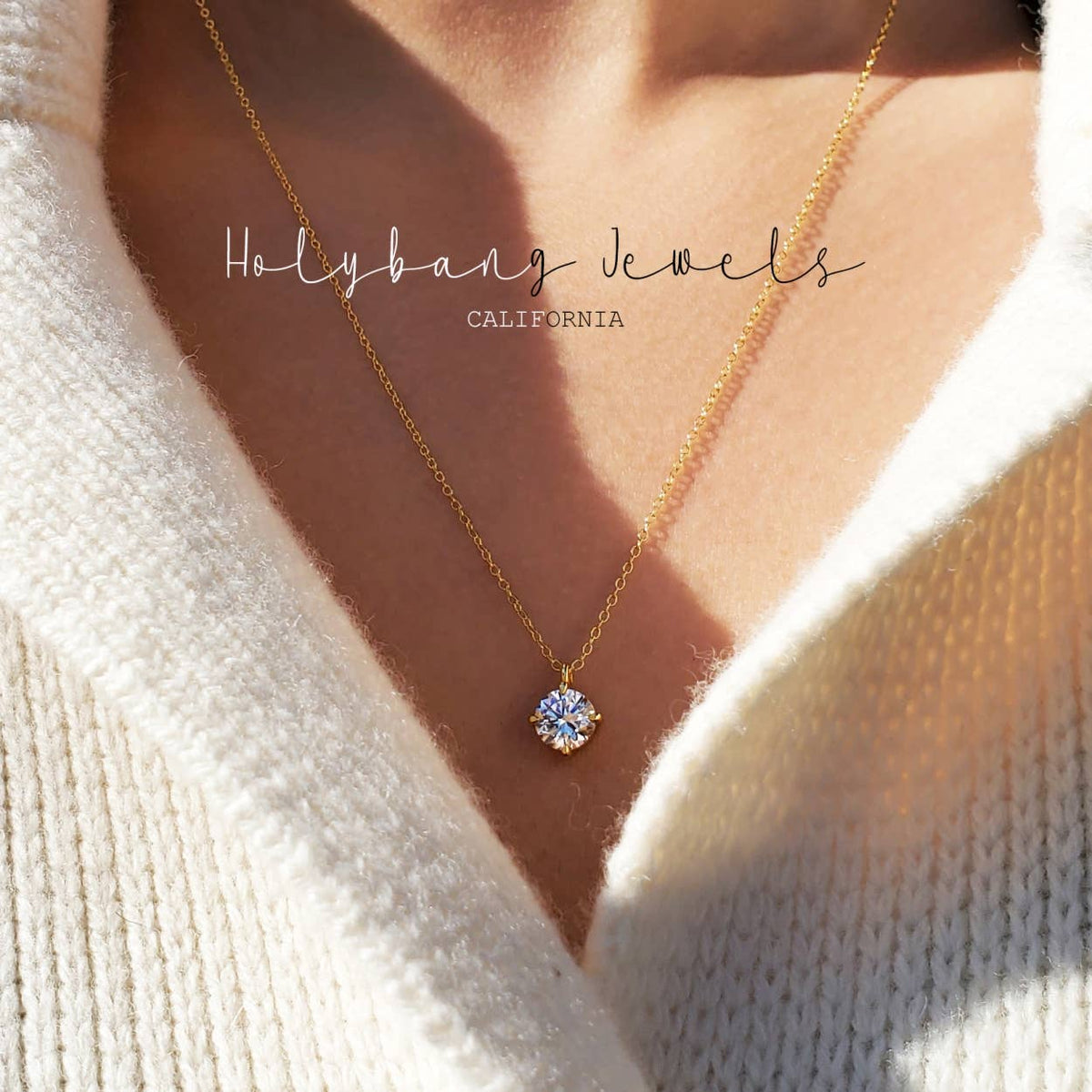 Solitaire Round Cut Crystal Pendant Necklace - 18K Gold, 16"